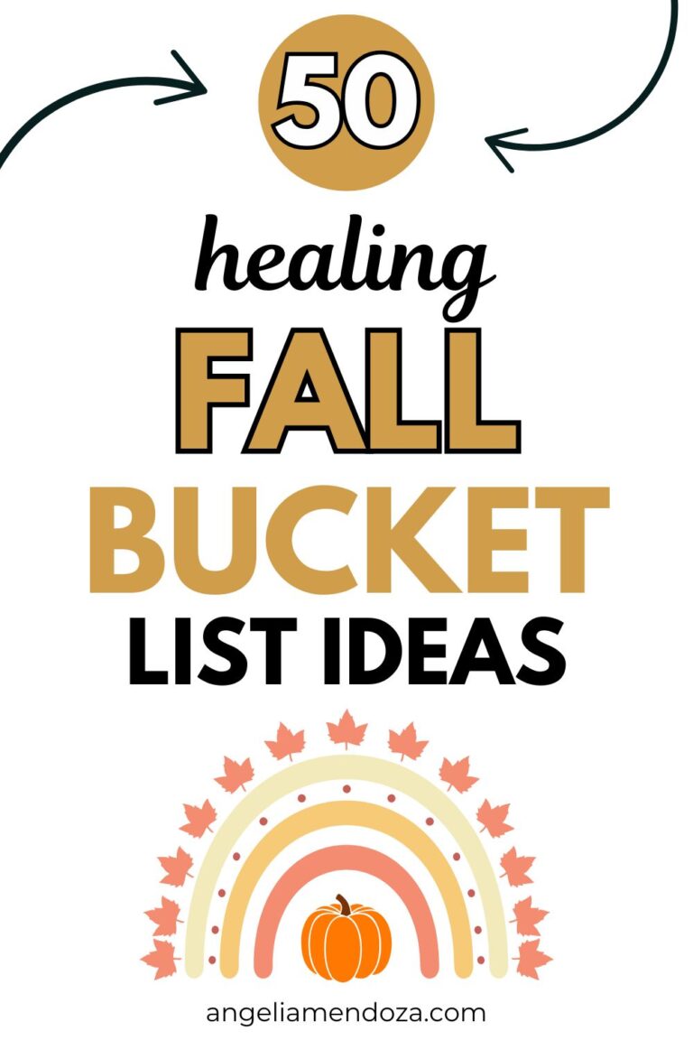 50 healing fall bucket list ideas graphic with rainbow and pumpkin illustration | Angelia Mendoza