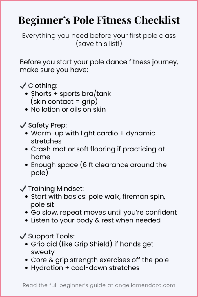 Beginner’s pole dance fitness checklist infographic with clothing tips, safety prep, training mindset, and support tools.
