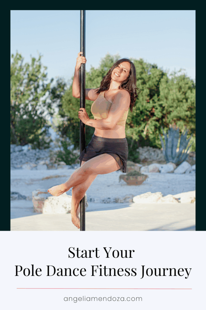 A smiling woman practices pole dance outdoors, wearing athletic wear, highlighting strength and grace in her pole dance fitness journey.