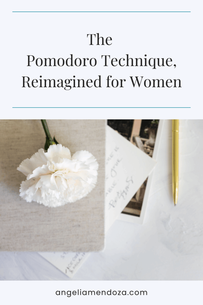 Pinterest pin with soft neutral tones featuring a flat lay of a white carnation, journal, and gold pen, overlaid with the text: “The Pomodoro Technique, Reimagined for Women.” Ideal for promoting a Pomodoro technique PDF, Pomodoro technique planner, or productivity resources for women.