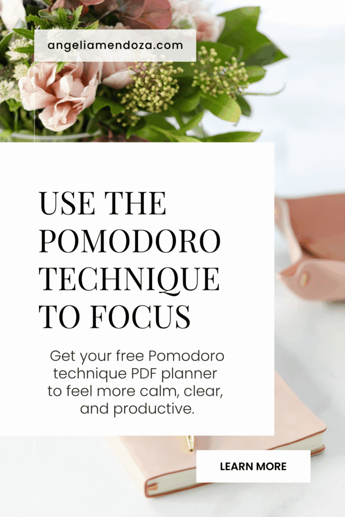 Pinterest pin with blush floral and feminine workspace, featuring the text “Use the Pomodoro Technique to Focus.” Promotes a free Pomodoro technique PDF planner designed to help women increase clarity, calm, and productivity.
