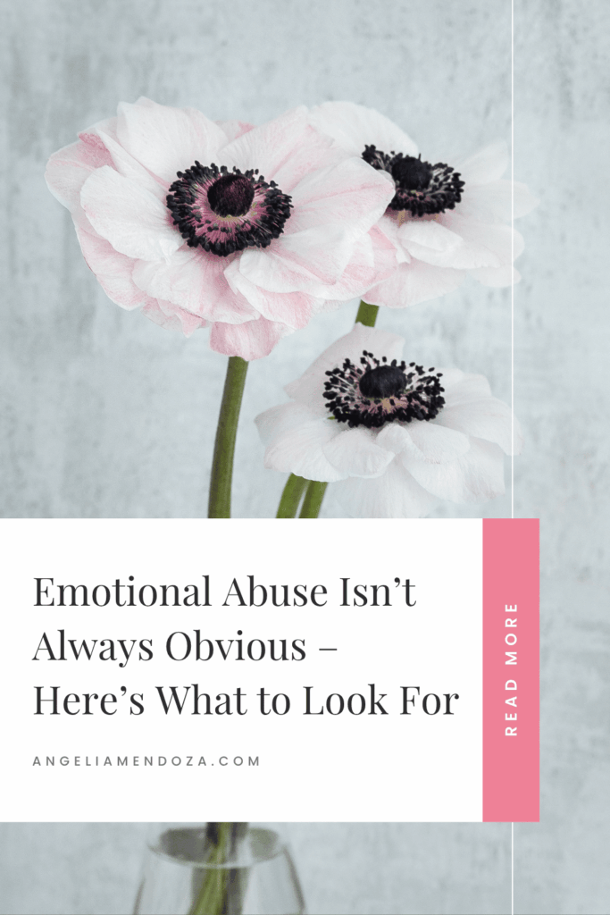 Soft pink and white flowers with text overlay about recognizing emotional abuse and signs to look for.