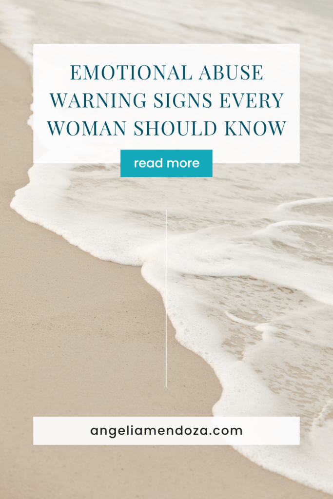 Gentle ocean waves washing over the sand with text overlay reading “Emotional Abuse Warning Signs Every Woman Should Know,” inviting awareness and empowerment.