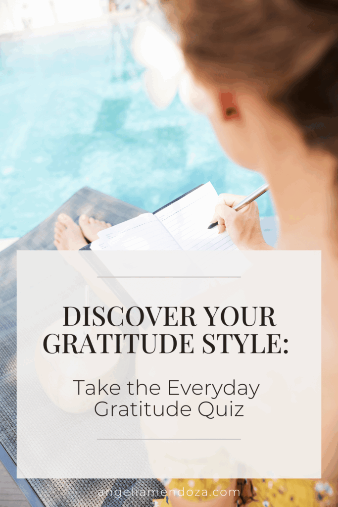 Woman journaling poolside during a peaceful moment of self-reflection | Gratitude Quiz | Angelia Mendoza