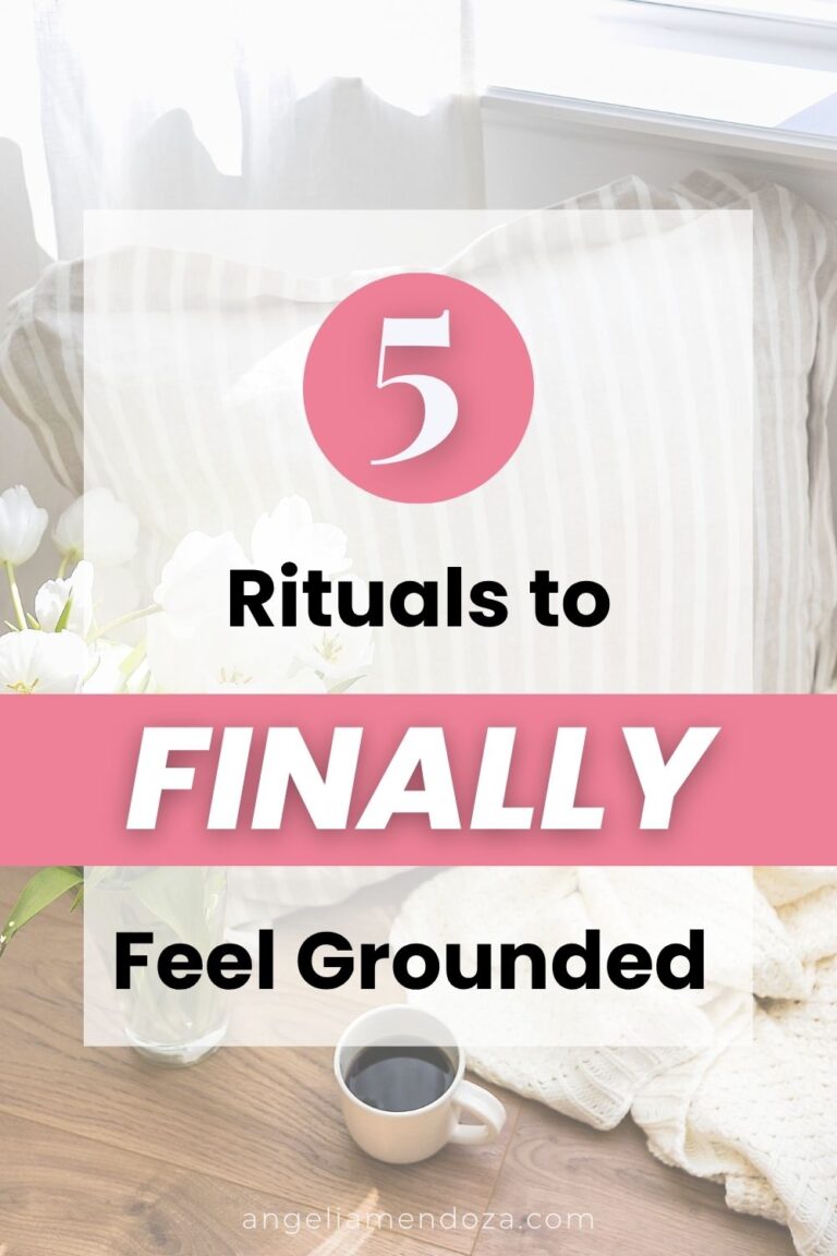 A cozy coffee and blanket scene with text overlay reading ‘5 Rituals to Finally Feel Grounded,’ promoting calming grounding rituals for emotional balance.