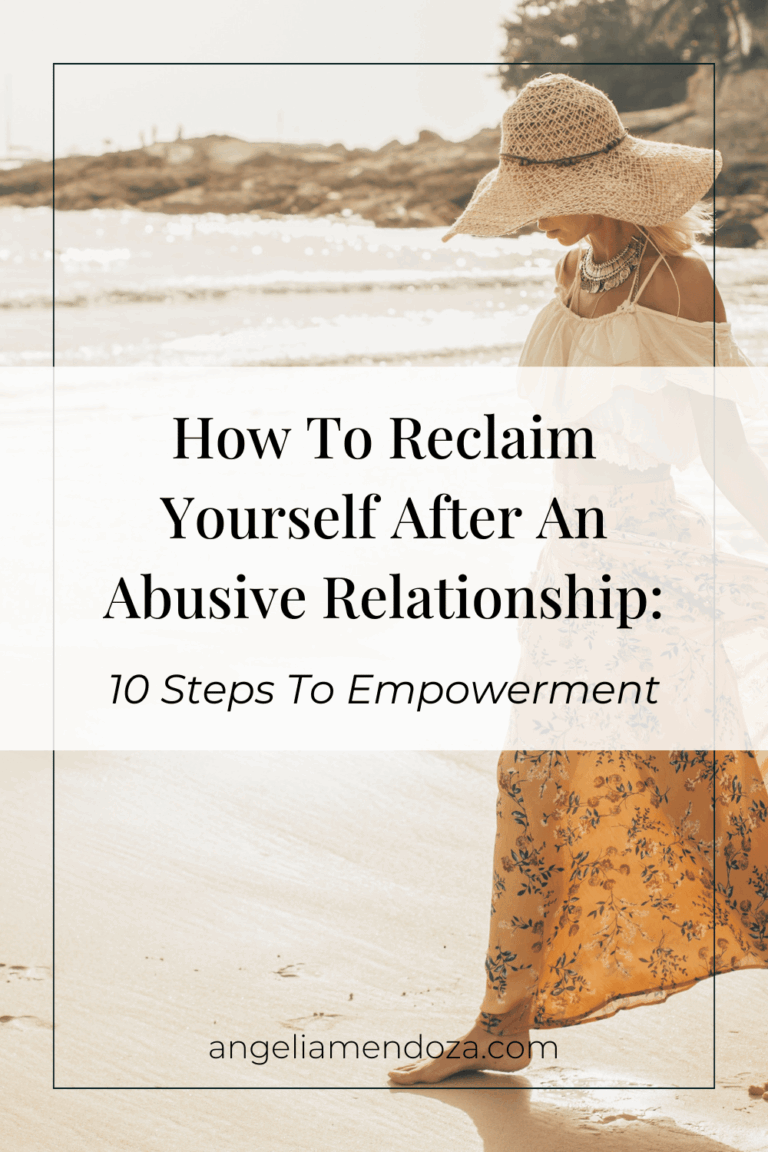 Woman walking barefoot on the beach in a yellow floral dress and sunhat with overlay text: “How to Reclaim Yourself After an Abusive Relationship: 10 Steps to Empowerment.” | Angelia Mendoza