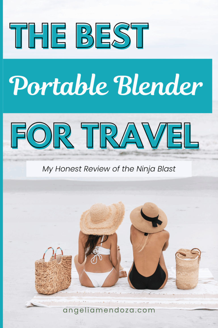 Two women relaxing on the beach with sun hats, next to woven bags, promoting the best portable blender for travel.