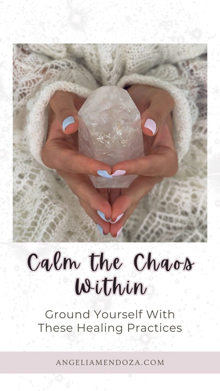 5 Grounding Rituals: Heal, Calm, and Feel Strong | Angelia Mendoza A woman with soft pastel nails gently holds a large clear quartz crystal in her hands, resting on a white knitted shawl—conveying calm, healing energy and emotional grounding. | Grounding Rituals: Heal, Calm, and Feel Strong | Angelia Mendoza
