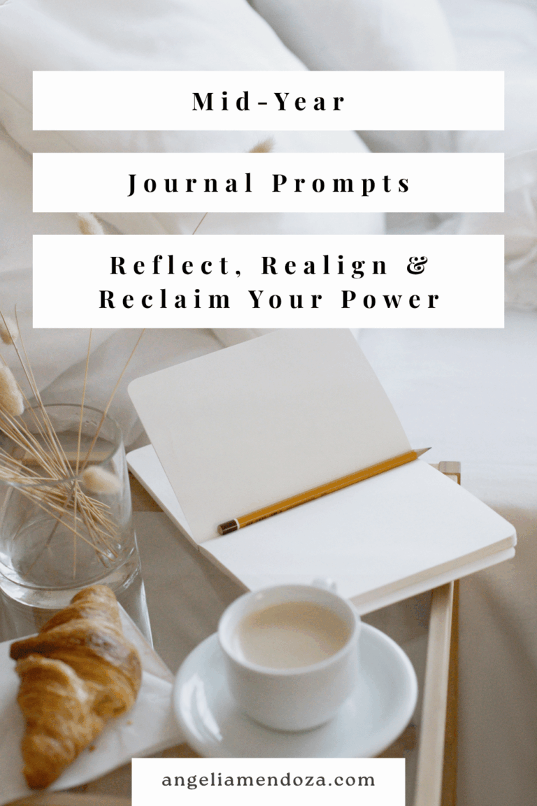 Flat lay of a journaling scene with a blank notebook, pencil, croissant, and coffee on a bedside table, styled with dried grasses — evoking calm, clarity, and intention for mid-year journal prompts and reflection.