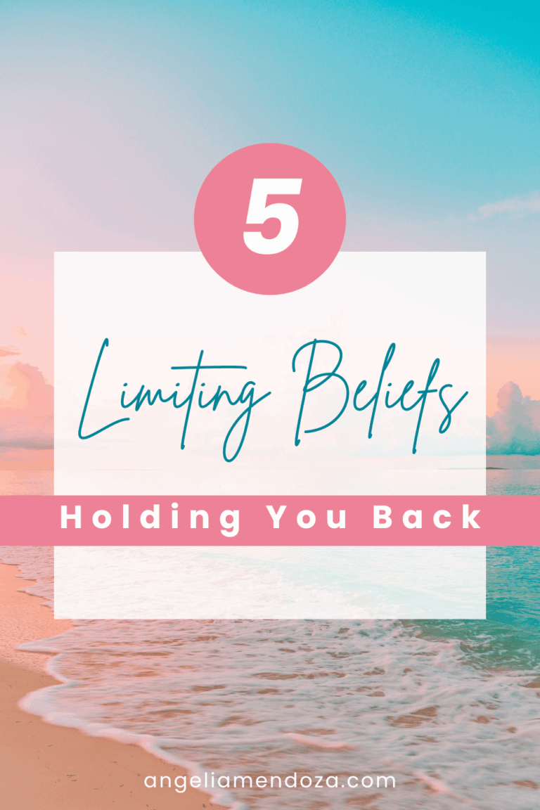 Beach sunset graphic with text overlay reading “5 Limiting Beliefs Holding You Back,” symbolizing mindset shifts and personal growth.
