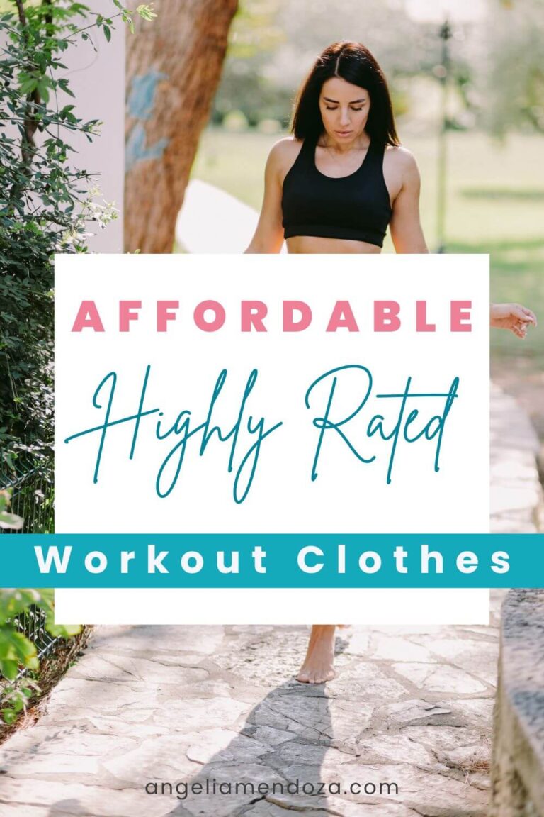 Active woman walking outdoors in black sports bra with a sign promoting affordable workout clothes that are highly rated.