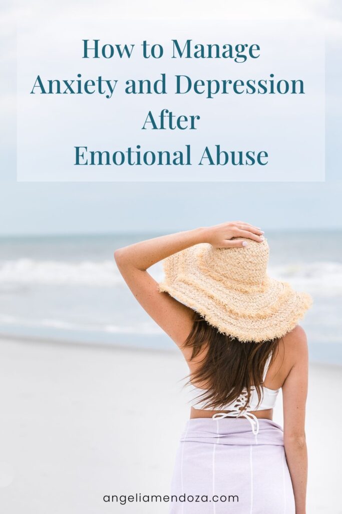 Woman in a sunhat on a peaceful beach, symbolizing hope and healing, with text overlay about managing anxiety and depression after emotional abuse.