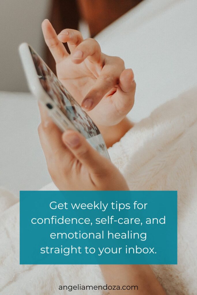 Close-up of a woman using her smartphone while relaxing in bed reading the empowered woman newsletter, with text overlay offering weekly tips for confidence, self-care, and emotional healing.