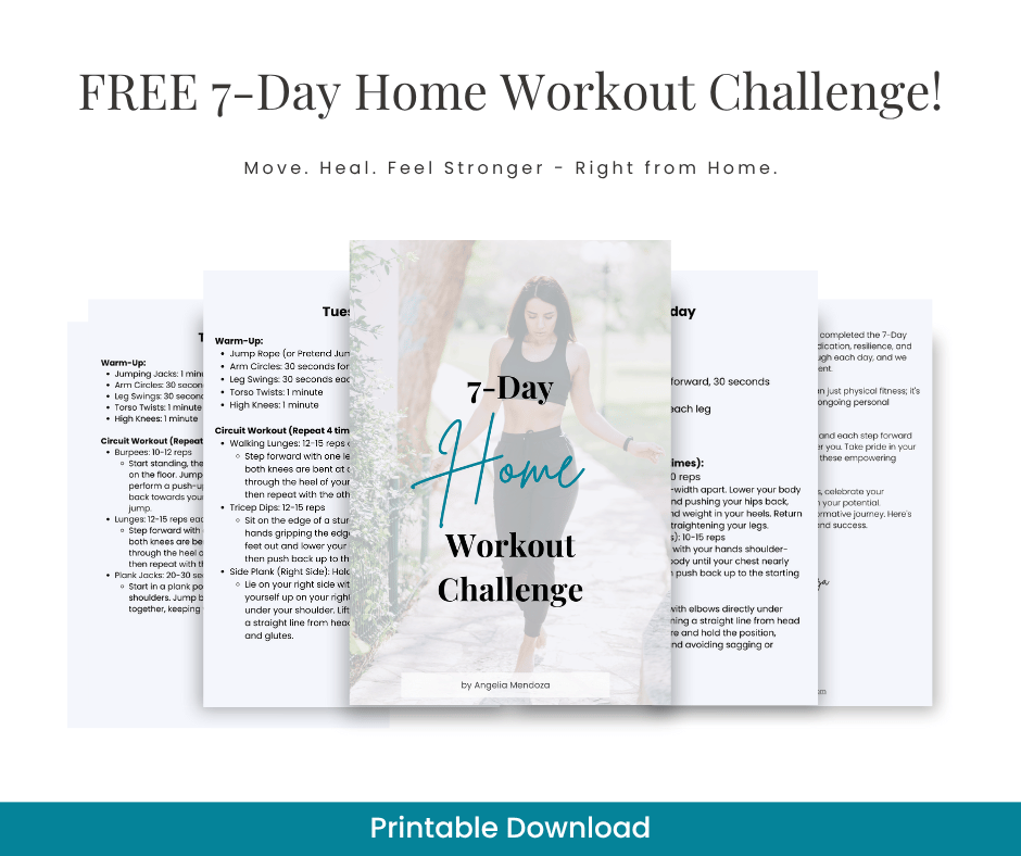 Cover image of a free 7-day home workout challenge eBook featuring a woman walking outdoors and daily workout plans.